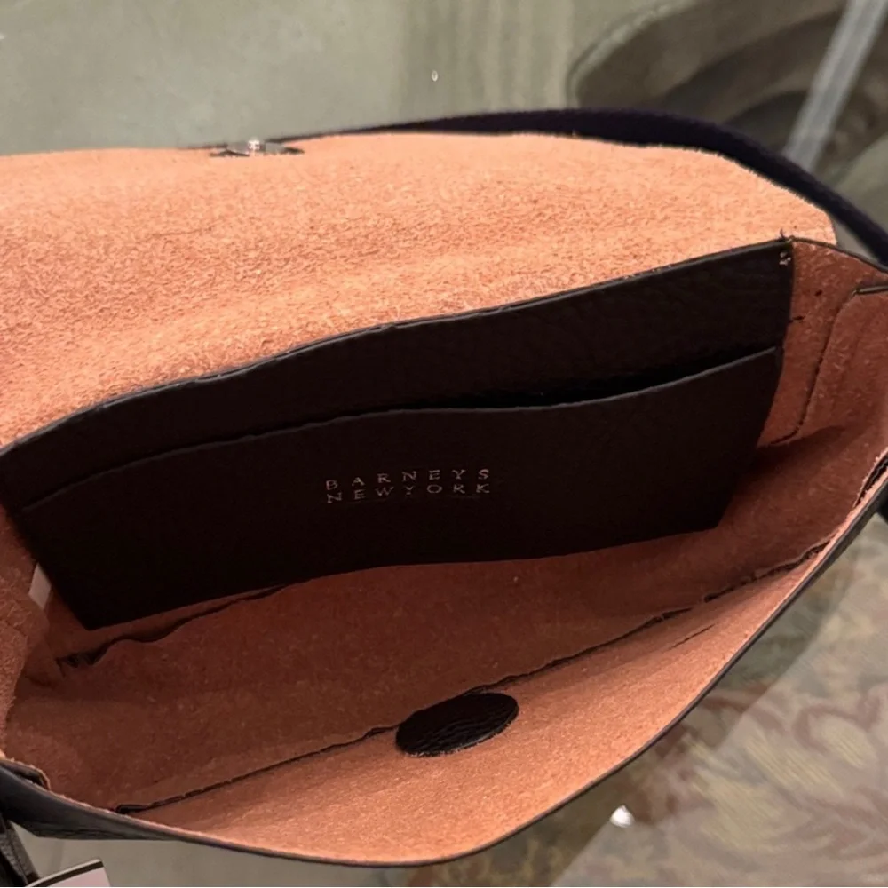 Barneys New York Black Pebbled Leather Messenger Bag with Striped Strap